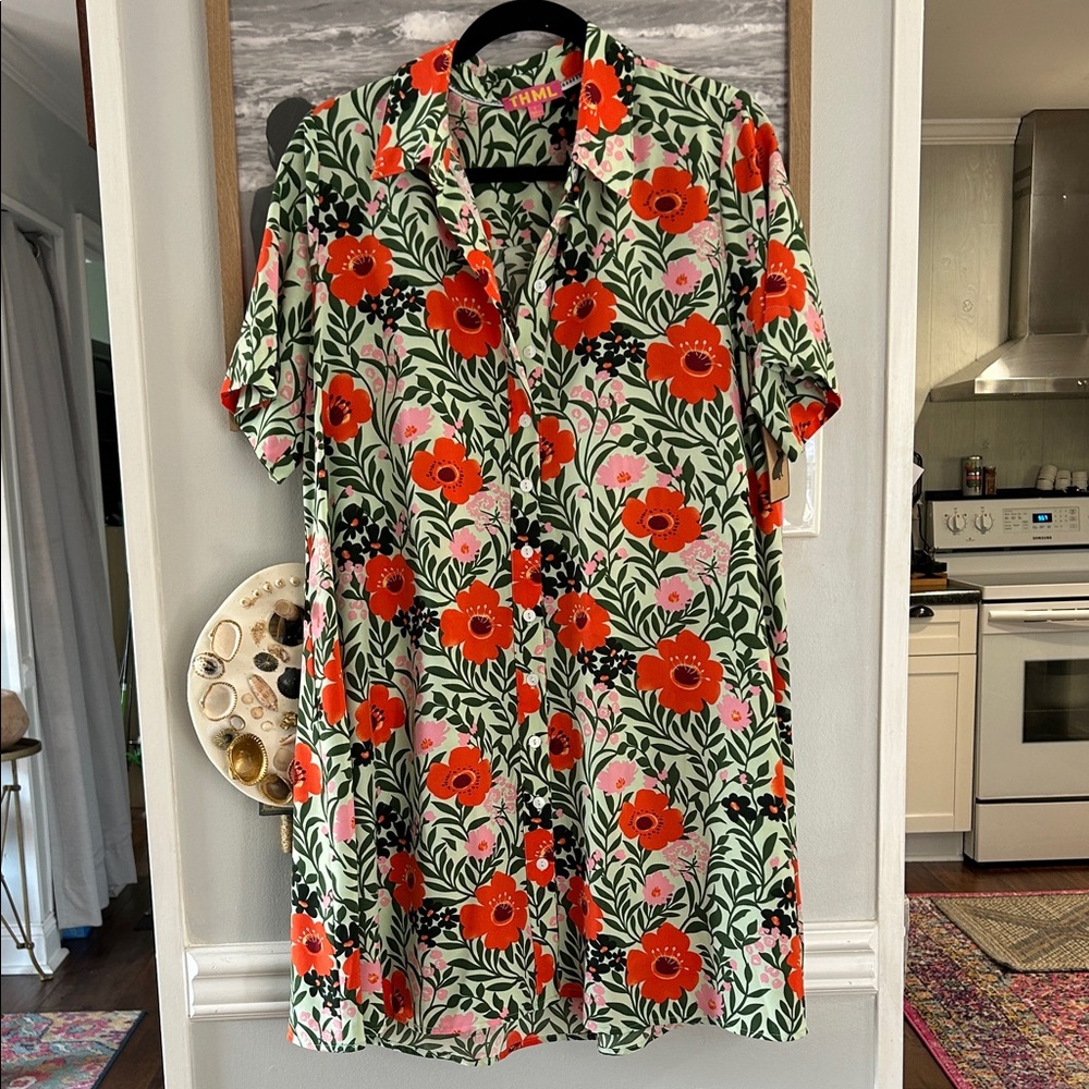THML Green Floral Mini Dress with Reddish orange & Pink Blooms